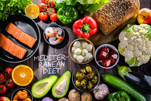 Food products representing the Mediterranean diet.