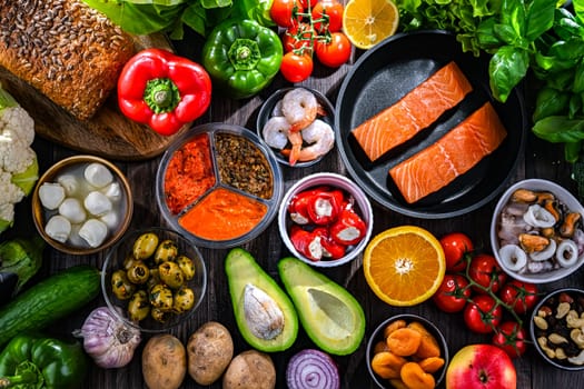 Food products representing the Mediterranean diet.