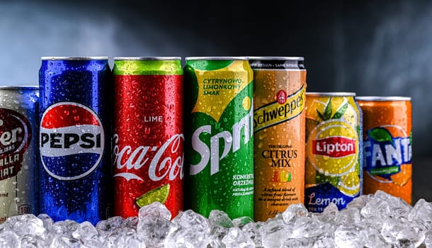 POZNAN, POL - OCT 31, 2024: Products of popular global soft drink brands