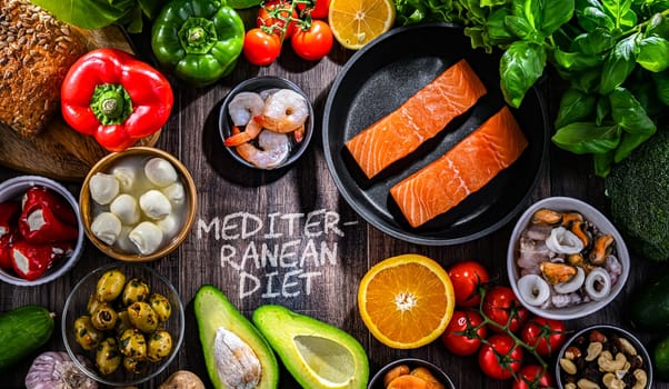 Food products representing the Mediterranean diet.