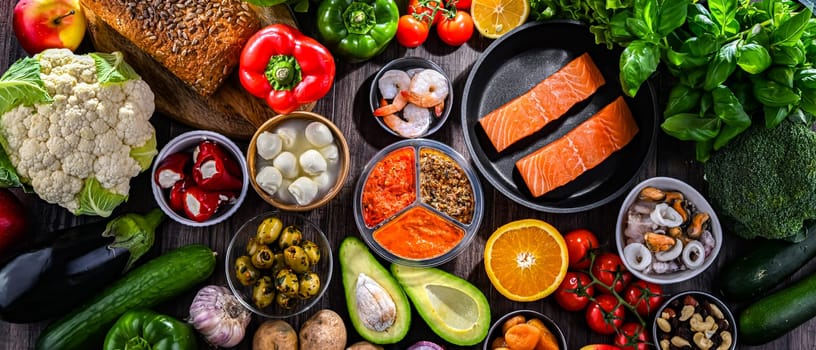 Food products representing the Mediterranean diet.