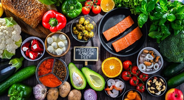 Food products representing the Mediterranean diet.
