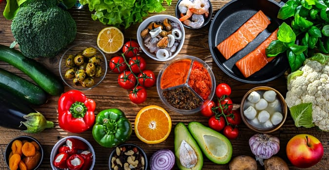 Food products representing the Mediterranean diet.