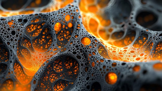 A high-resolution 3D rendering displaying an abstract biogenic structure in vibrant orange and deep black tones. This hyper-detailed, high-contrast image brings together organic forms with a futuristic aesthetic, creating a visually striking and intricate composition.