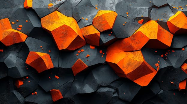 A hyper-detailed, high-resolution 3D rendering showcasing an abstract design in rich orange and black tones. The composition combines natural textures with a modern, high-contrast aesthetic, resulting in a visually compelling image that emphasizes depth and detail.