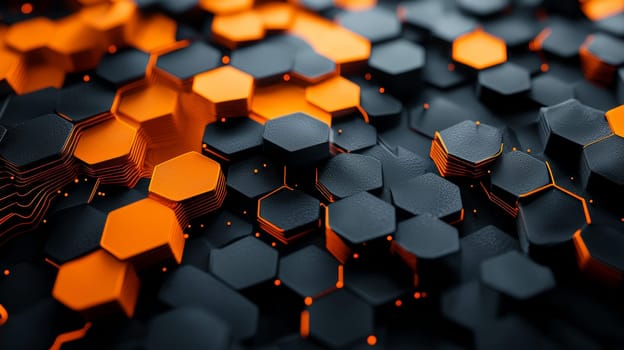 A hyper-detailed, high-resolution 3D rendering showcasing an abstract design in rich orange and black tones. The composition combines natural textures with a modern, high-contrast aesthetic, resulting in a visually compelling image that emphasizes depth and detail.