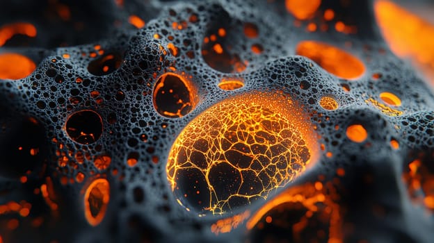 A high-resolution 3D rendering displaying an abstract biogenic structure in vibrant orange and deep black tones. This hyper-detailed, high-contrast image brings together organic forms with a futuristic aesthetic, creating a visually striking and intricate composition.