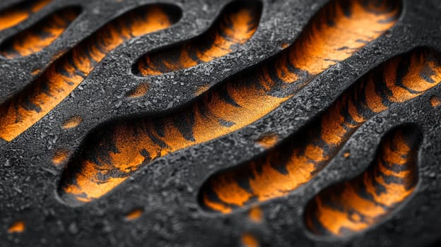 A hyper-detailed, high-resolution 3D rendering showcasing an abstract design in rich orange and black tones. The composition combines natural textures with a modern, high-contrast aesthetic, resulting in a visually compelling image that emphasizes depth and detail.