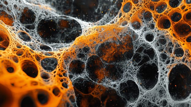 A high-resolution 3D rendering displaying an abstract biogenic structure in vibrant orange and deep black tones. This hyper-detailed, high-contrast image brings together organic forms with a futuristic aesthetic, creating a visually striking and intricate composition.