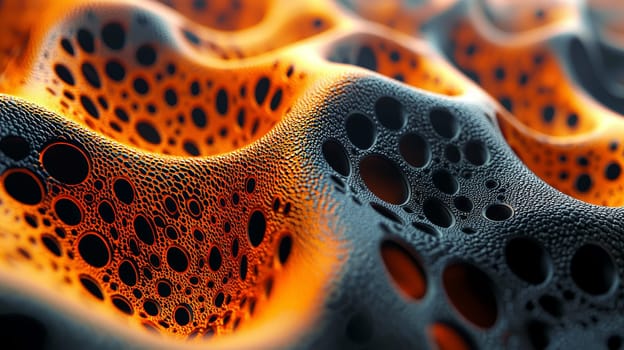 A high-resolution 3D rendering displaying an abstract biogenic structure in vibrant orange and deep black tones. This hyper-detailed, high-contrast image brings together organic forms with a futuristic aesthetic, creating a visually striking and intricate composition.