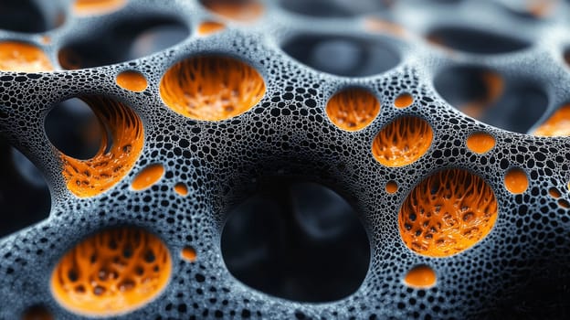 A high-resolution 3D rendering displaying an abstract biogenic structure in vibrant orange and deep black tones. This hyper-detailed, high-contrast image brings together organic forms with a futuristic aesthetic, creating a visually striking and intricate composition.