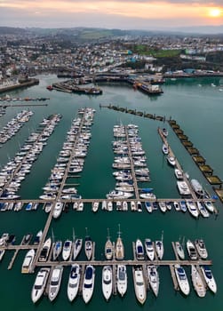 Aerial view of the marina and harbor at Brixham on the south coast of Devon in the southwest of England.