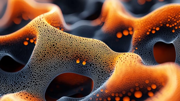 A high-resolution 3D rendering displaying an abstract biogenic structure in vibrant orange and deep black tones. This hyper-detailed, high-contrast image brings together organic forms with a futuristic aesthetic, creating a visually striking and intricate composition.