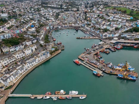 Aerial view of Brixham Harbor on the south coast of Devon in the southwest of England.