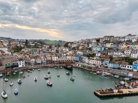 Aerial view of Brixham Harbor on the south coast of Devon in the southwest of England.