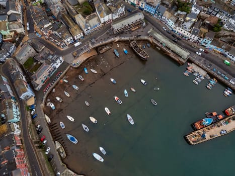 Aerial view of Brixham Harbor on the south coast of Devon in the southwest of England.