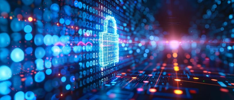 A highly detailed image displaying a concept of digital security, featuring a padlock icon on a screen with glowing circuit patterns and nodes, symbolizing data protection and cybersecurity