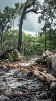 The quiet aftermath of turmoil in a forest, with sunlight piercing through the canopy onto the fallen timber