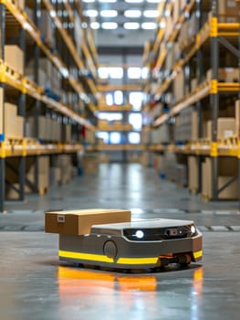 In a modern logistics warehouse, an autonomous delivery robot equipped with a package navigates a designated path, signaling a shift towards smart warehousing