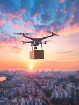 A conceptual image of a drone flying above an urban landscape at dawn, with a package in tow, depicting the modernization of delivery methods in city environments