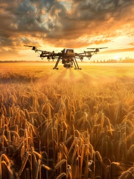 A agricultural drone flies over a lush green crop field at sunset, capturing data and visuals through an interconnected network of sensors and technology