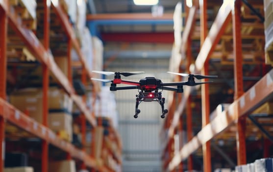 A sophisticated drone equipped with a camera navigates through a warehouse aisle, highlighting automation in inventory management and surveillance