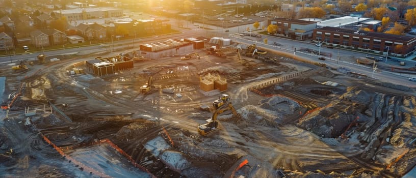 Aerial view of a construction site, machinery, and surrounding buildings during sunset
