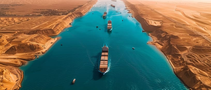 An aerial perspective of a busy canal, dotted with ships and framed by golden shores, emphasizing the bustle of maritime commerce
