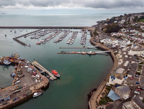 Aerial view of the marina and harbor at Brixham on the south coast of Devon in the southwest of England.