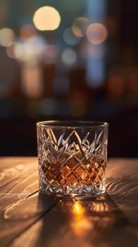 A finely cut whiskey glass half-filled with amber liquid rests on a bar counter, reflecting the warm, ambient lighting