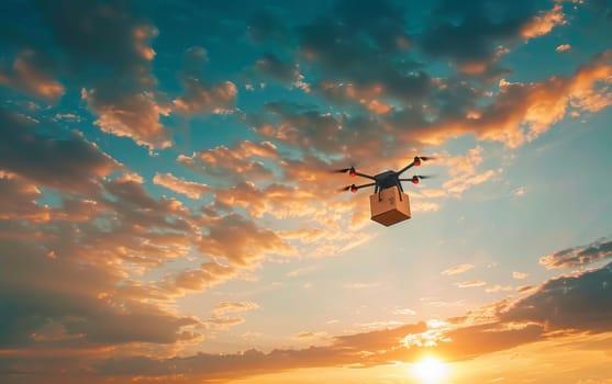 An image capturing the concept of drone package delivery with a clear sky in the background, symbolizing the advancement in automated shipping and aerial transport technologies