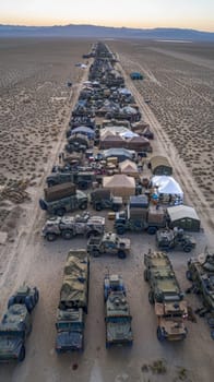 Aerial view of a military convoy arrayed on a remote dirt road at dusk, showcasing a systematic arrangement of tents and vehicles