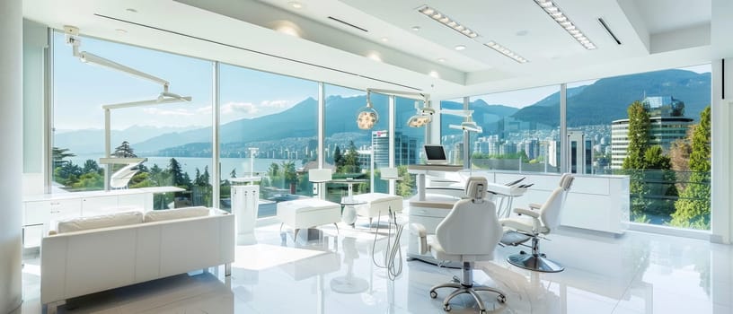 A spacious dental clinic with high-tech chairs and facilities, flanked by a mesmerizing urban panorama through expansive glass windows