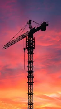 Silhouette of a tall construction crane against a vivid sunset sky, symbolizing development and the construction industry