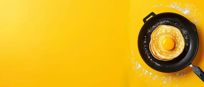 Artistic composition featuring a pancake with a perfectly centered fried egg, presented in a skillet on a bright yellow backdrop