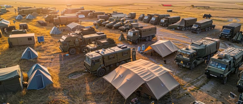 Bird's-eye view captures a sprawling military encampment in the desert, with an organized layout of vehicles and supplies