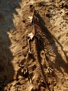 The breathtaking discovery of a dinosaur skeleton is lit by the golden hues of sunset, revealing the contours of its ancient form