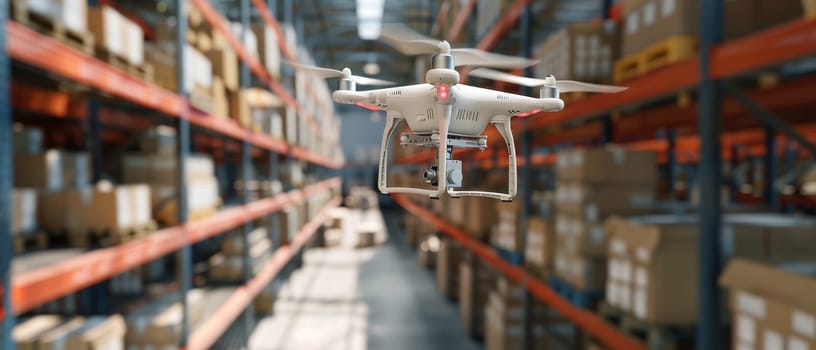 A white automated drone flies down a warehouse corridor, showcasing the future of package handling and inventory systems in distribution centers
