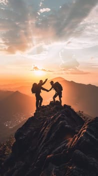 Two hikers achieve the summit and celebrate with a handshake against the stunning backdrop of a sunset sky and mountain silhouettes