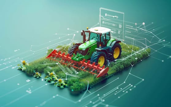 Modern tractor on a green field with digital overlays, showcasing precision agriculture and smart farming