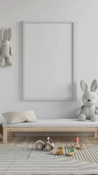 A striped playroom features a plush bunny on a bench and a whimsical selection of children's wooden toys scattered on the floor, portraying a creative play space
