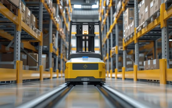 A cutting-edge warehouse robot carries packages down an aisle, a symbol of the robotic automation transforming logistics and inventory handling