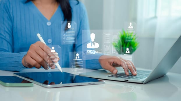 Hr, HRM, Human resources management concept, Check resume, Screening employee information, Job applicants, Employees must complete the online survey form, Answer the test questions.