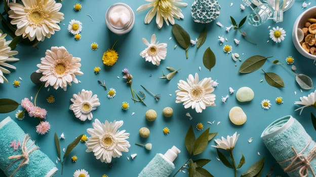 Patterned display of spa and relaxation items in a floral-inspired layout pattern