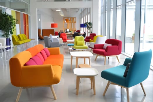 A colorful room with many different colored chairs and couches. The room has a bright and lively atmosphere