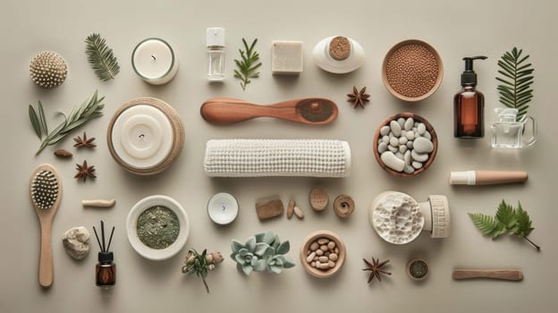 Structured arrangement of spa and relaxation essentials in a rhythmic grid pattern