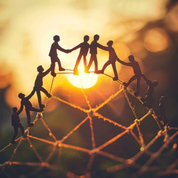 A group of people are holding hands in a circle, with the sun in the background. Concept of unity and teamwork