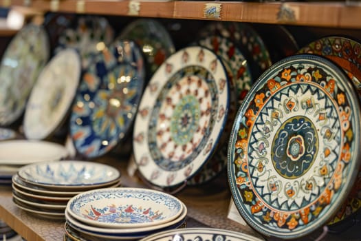 Traditional Islamic ceramic plates with hand-painted motifs, serving as decorative accents or servingware.