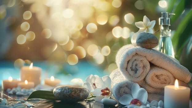 Tranquil arrangement of spa and relaxation items with ample room for text insertion