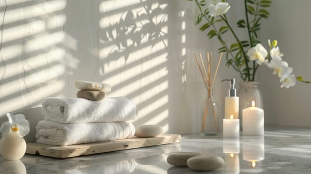 Tranquil arrangement of spa and relaxation items with designated copy space
